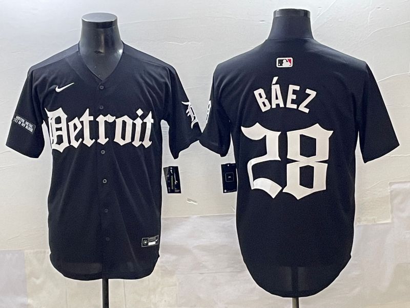 Men 2025 Detroit Tigers 28 Baez Black Five generations Joint Name Nike MLB Jersey style 19